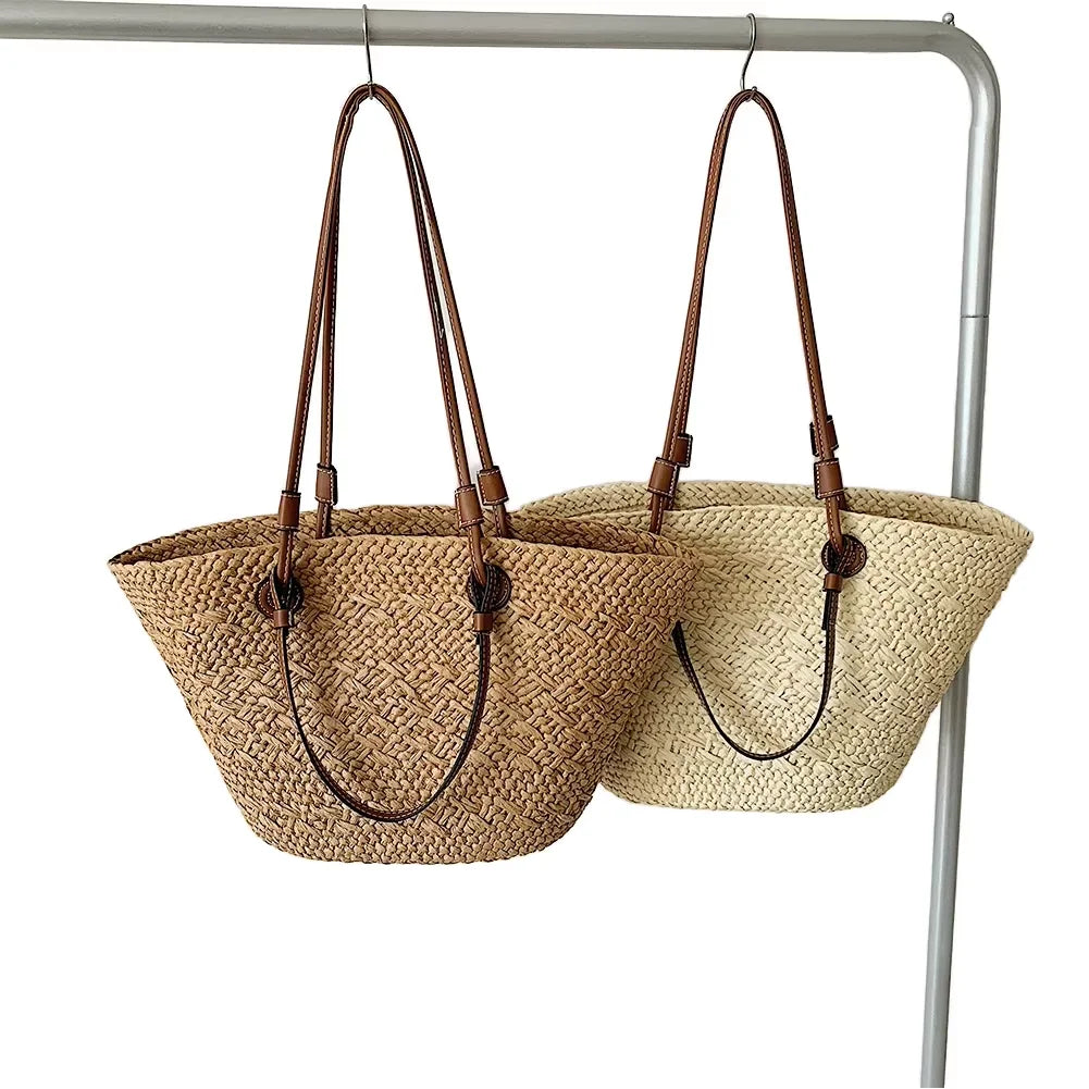 Designer Large Capacity Woven Straw Beach Travel Tote Fashion Trends Handbag with Two Open Handles/Closures Top Handle Shoulder