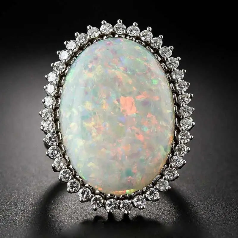 Huitan Luxury Super Large Oval Sun Flower Gemstone Full Around CZ Rings Girls Lady Beautiful Noblewomen Fire Opal Rings Silver