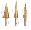 SOLUDE 3PCS Hexagonal Shank Titanium-plated Step Drill Bit 3-12/4-12/4-20mm Small Three-piece Pagoda Drill Bit Set