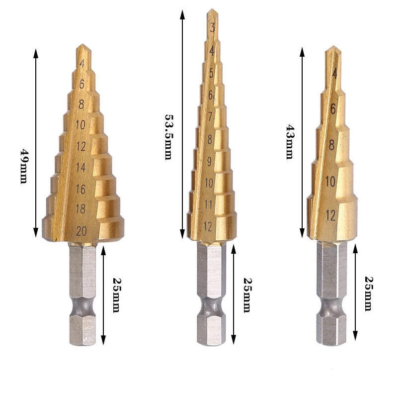 SOLUDE 3PCS Hexagonal Shank Titanium-plated Step Drill Bit 3-12/4-12/4-20mm Small Three-piece Pagoda Drill Bit Set