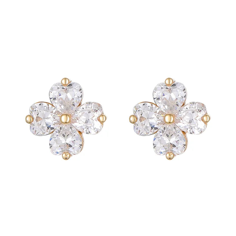 925 Sterling Silver Zircon Four-leaf Clover Stud Earrings for Women