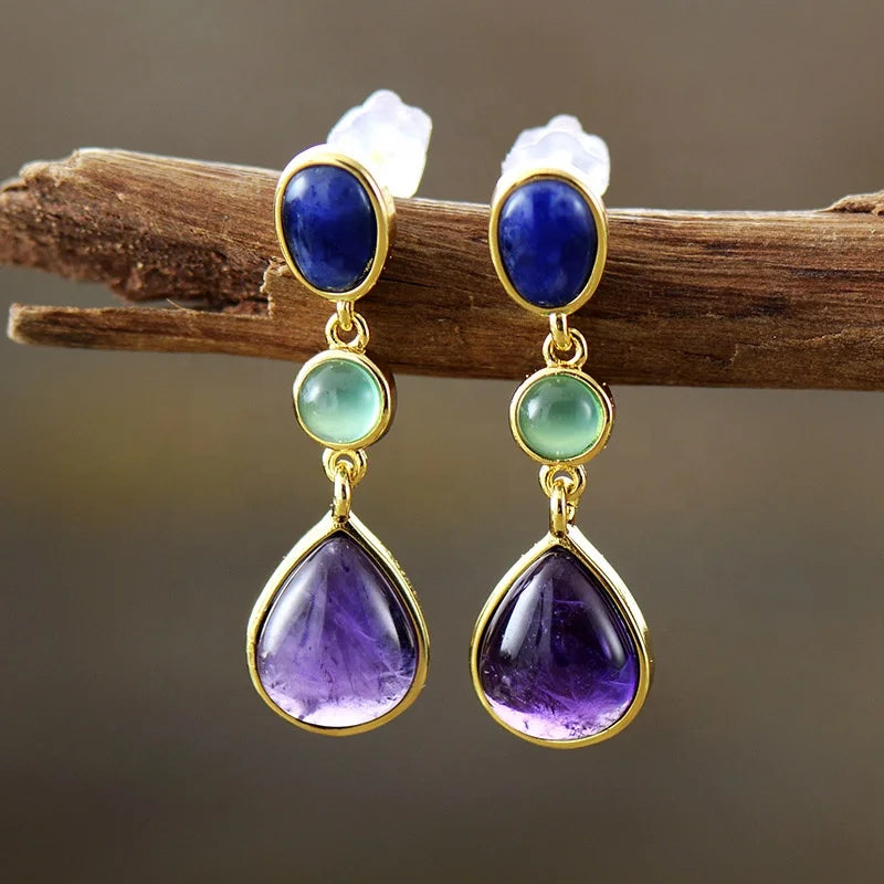 Retro Gold Plated Waterdrop Natural Stones Amethyst Crystal Statement Stud Earrings for Parties Weddings Jewellery Accessories