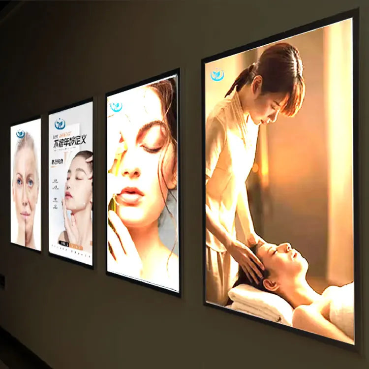 Hot Selling Indoor Ultra-Thin LED Advertising Light Boxes Aluminum Led Frame Hanging Wall Mount Tempered Glass Display