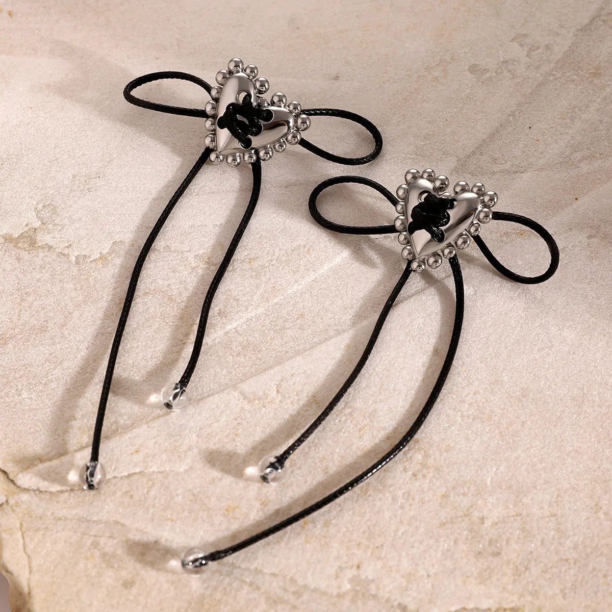 Ilona Y2K Trendy Sweet and Cool Gothic Bow Zircon Silver Plated Stainless Steel Heart-shaped Wax Wire Stud Earrings