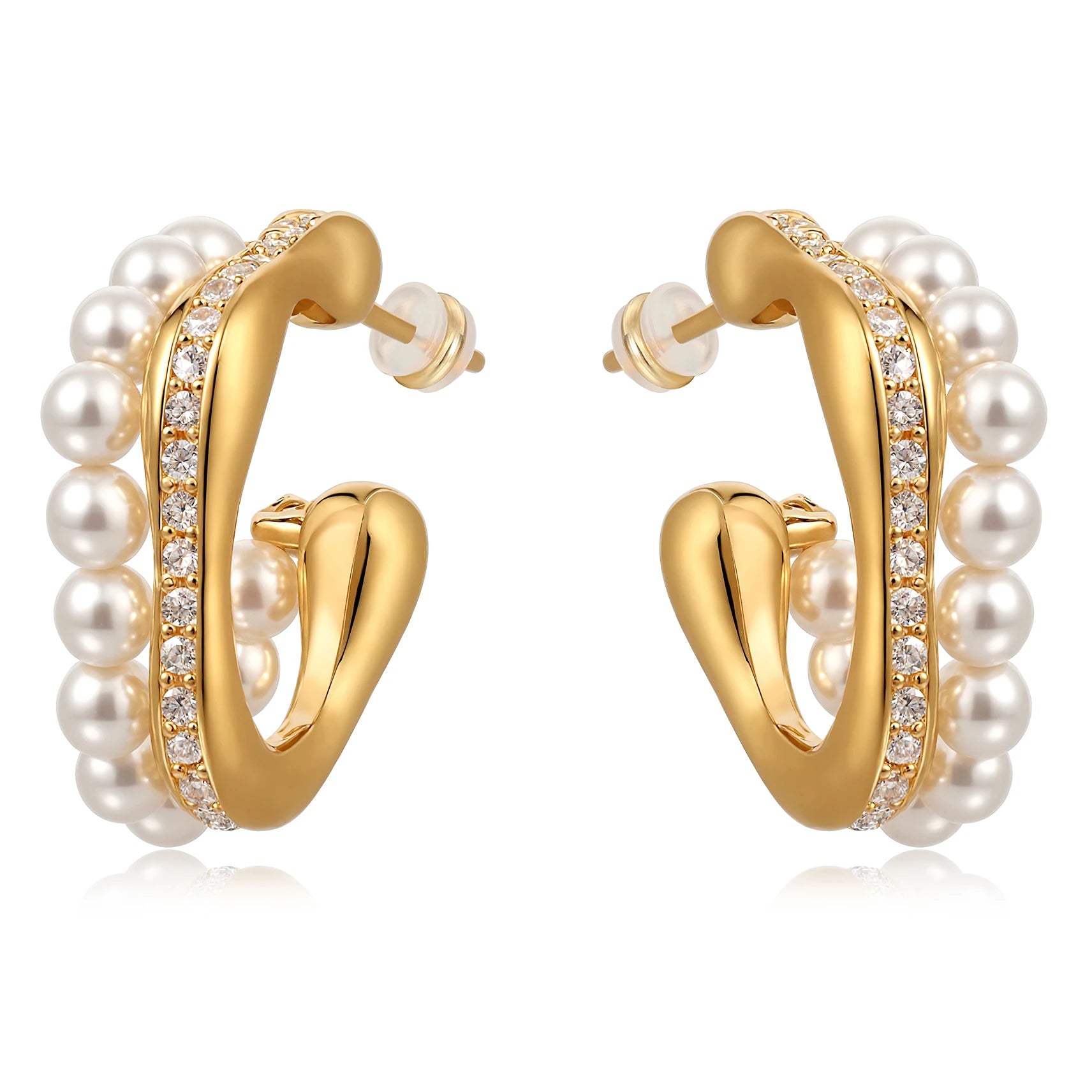 2025 New Brass Plating Gold Inlaid Zirconia Double Hoop Aurora Pearl Earrings Fashion Jewellery Wholesale