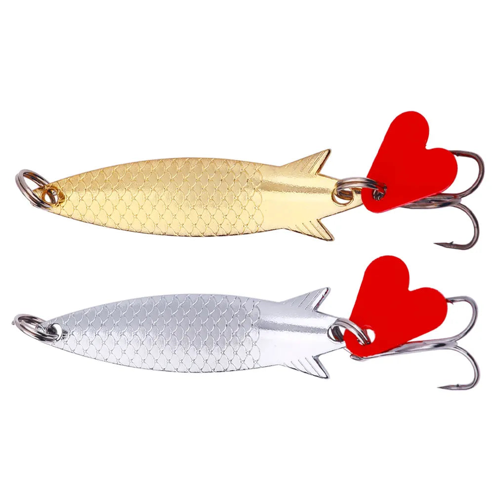 Wholesale SP226 8.3cm 6.4g Golden Silver Color Artificial Metal Spinner Baits Spoon Fishing Lures with Red Heart Blade