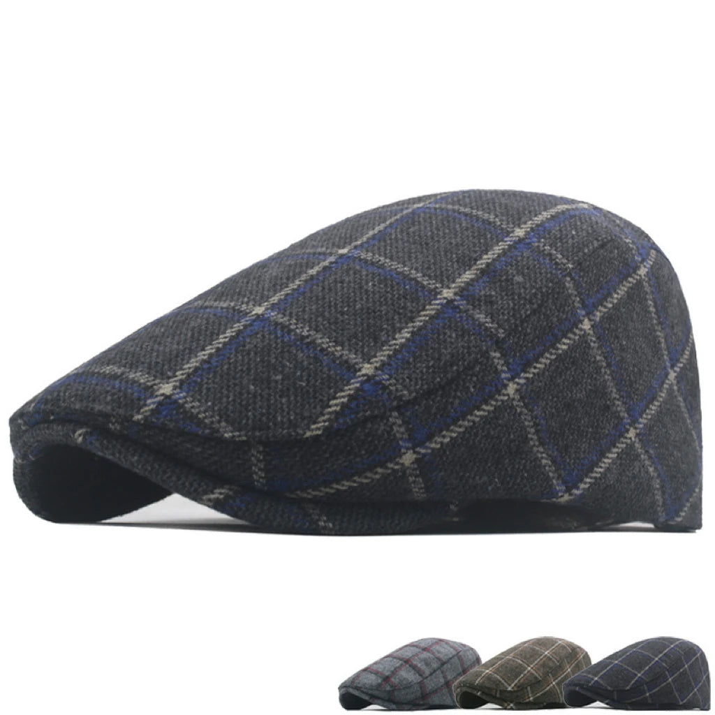 Warm Duckbill Hat Beret Ivy Cap Custom Wholesale Fashion Plaid Woolen Tweed Flat Top Ivy Hat for Men