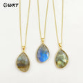 WT-N1453 Amazing Flashy Double Faceted Carving Natural Labradorite Stone Necklace With 18 Inch Chain Pendant Necklace
