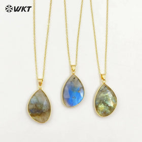 WT-N1453 Amazing Flashy Double Faceted Carving Natural Labradorite Stone Necklace With 18 Inch Chain Pendant Necklace