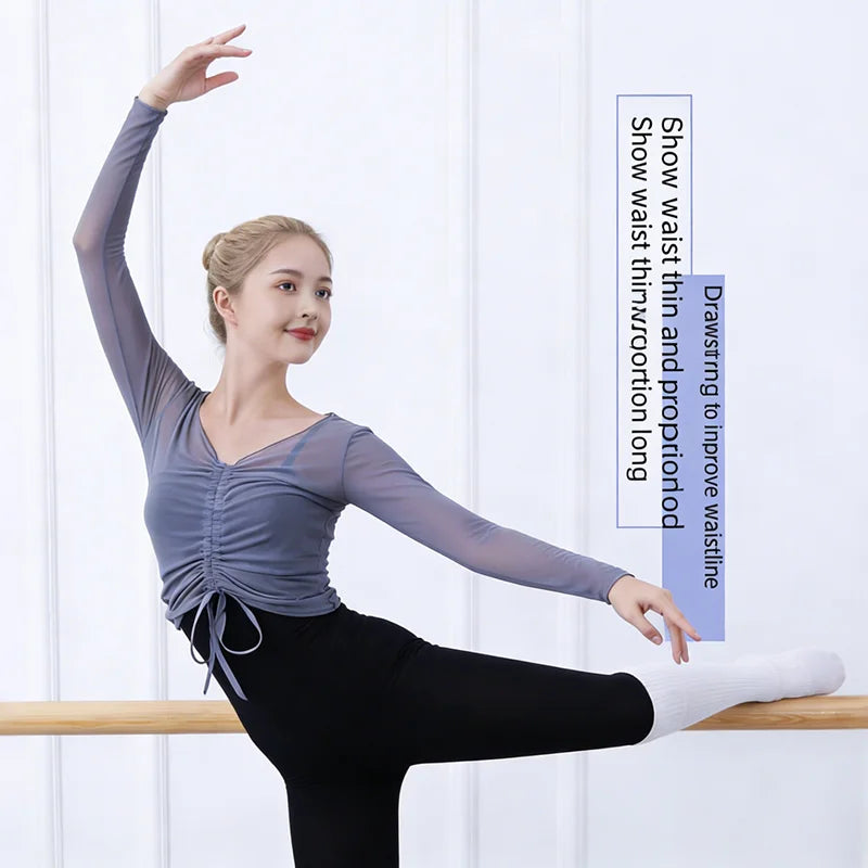 Women's Spandex/Nylon Drawstring Ruched Mesh Long Sleeve Sheer Unitard Ballet Dance Top for Training
