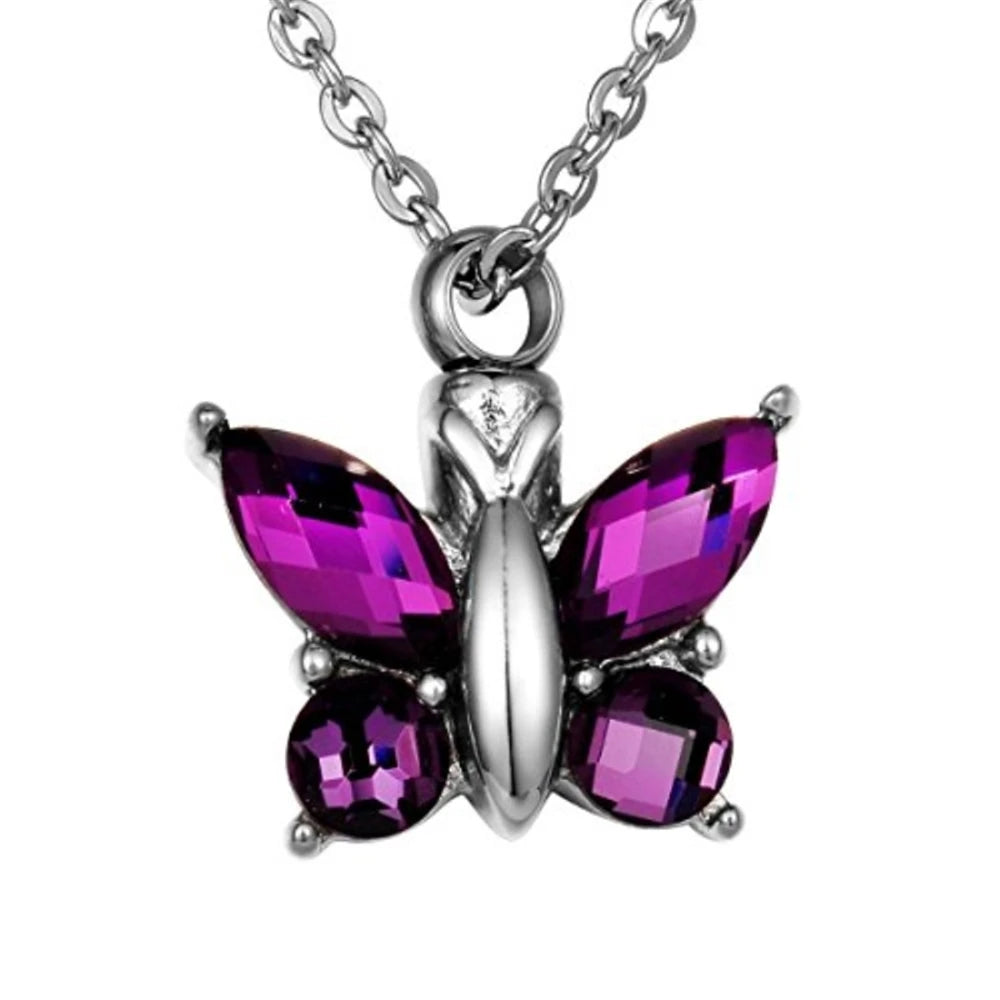 Stainless Steel Crystal butterfly Cremation Urn Red Stone Pendant Memorial Necklace butterfly Keepsake Ash Holder Urn Cremation