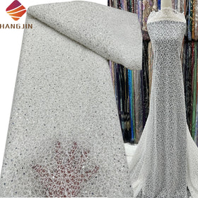 White Beaded Lace Fabric Luxury African Nigerian Sequin Embroidery Tulle Lace Fabric for Bridal Wedding Dresses