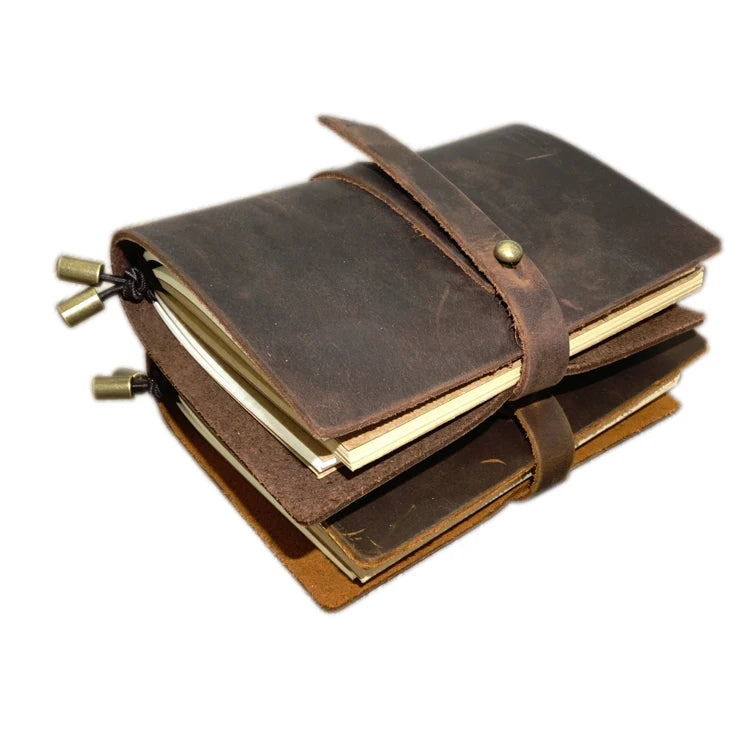 Handmade Genuine Leather Creative Crazy Horse Travel Embossed Snap Dark Brown Stamping Logo Journal Cover Composition Book