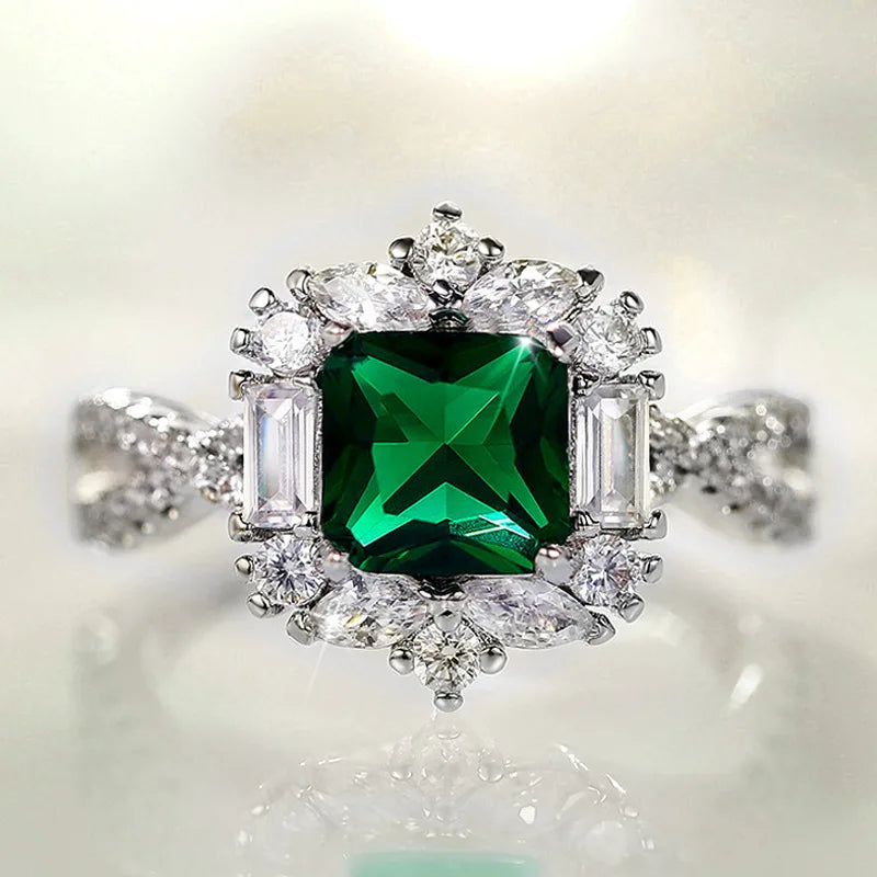 CAOSHI Stunning Emerald Green Square Cut Zircon Crystal Wedding Ring Silver Color Fashion Women's Engagement Ring