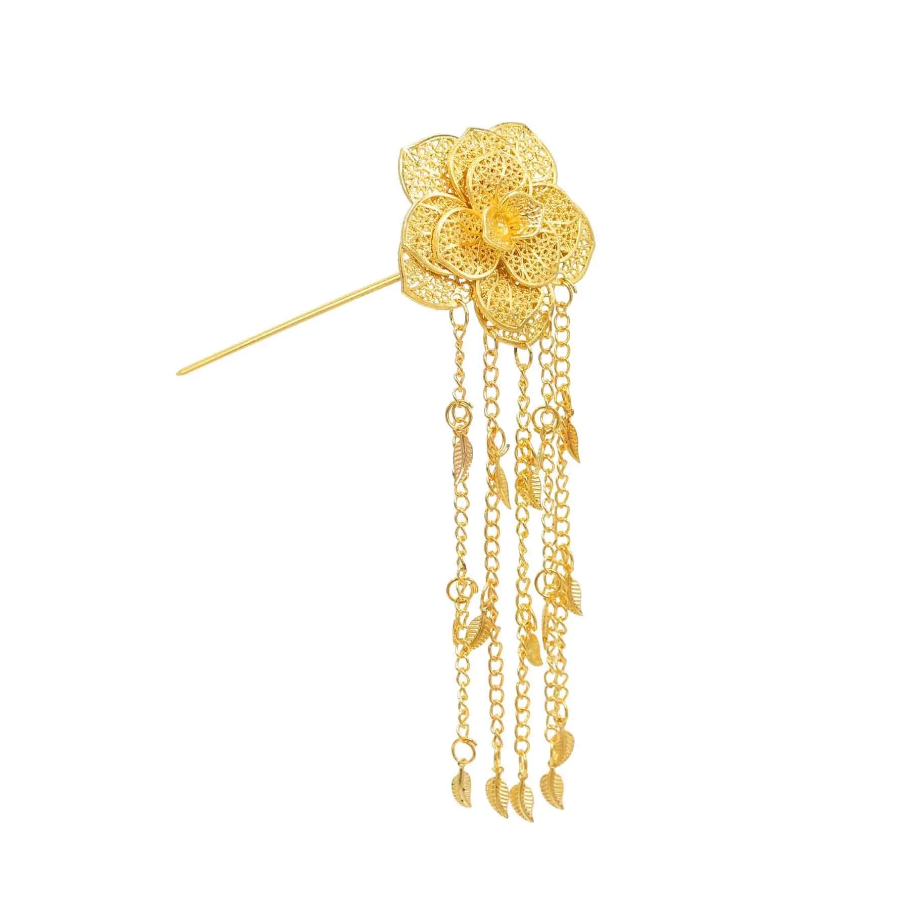 Golden Carved Flower Hair Jewelry Long Tassel Charms Headband Hairpin Hair Sticks