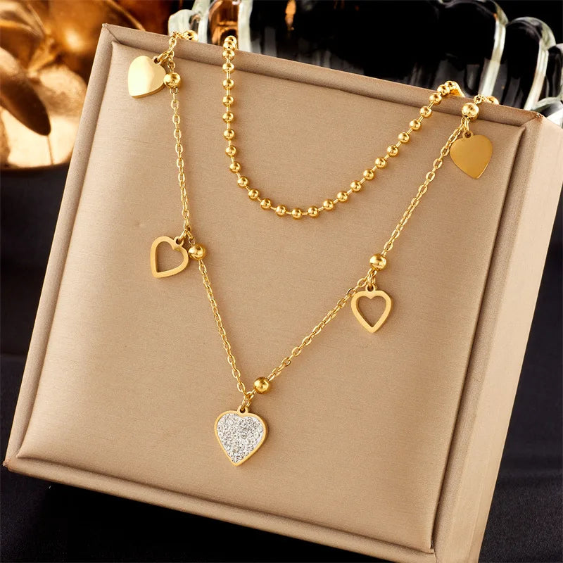 Wholesale Gold Plated 18k Stainless Steel Bohemian Fashion Double Layer Jewelry Necklace Choker Crystal Heart Women Necklace