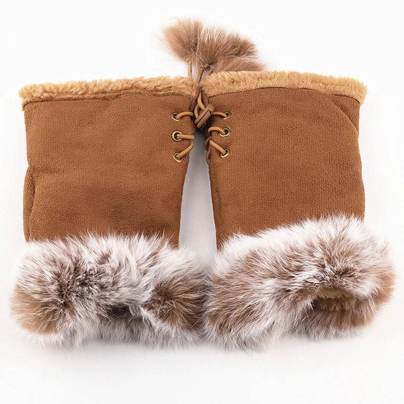 Wholesale 2022 Fashion Real Natural Rabbit Fur Suede Leather Women Winter Fingerless Gloves with 20 Colors