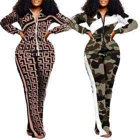 Fall New Women's Clothes Set Jogging Sports Ladies Print Long Sleeve Zipper Jacket Coat Slim Trouser Pants Two Piece Women Sets