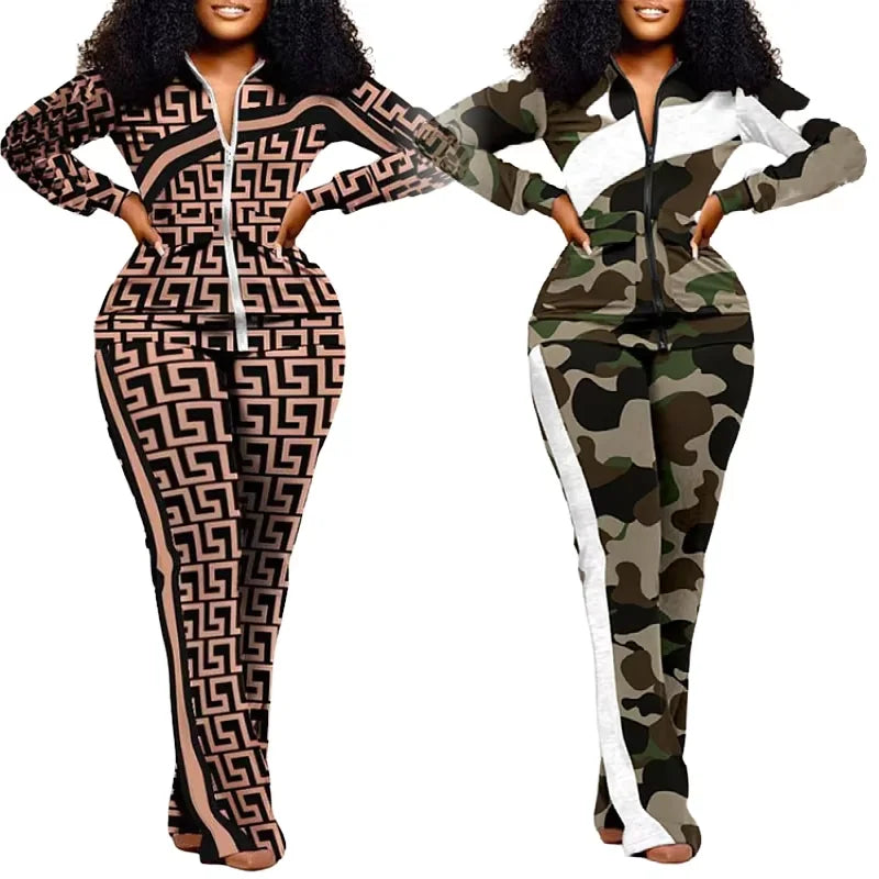 Fall New Women's Clothes Set Jogging Sports Ladies Print Long Sleeve Zipper Jacket Coat Slim Trouser Pants Two Piece Women Sets