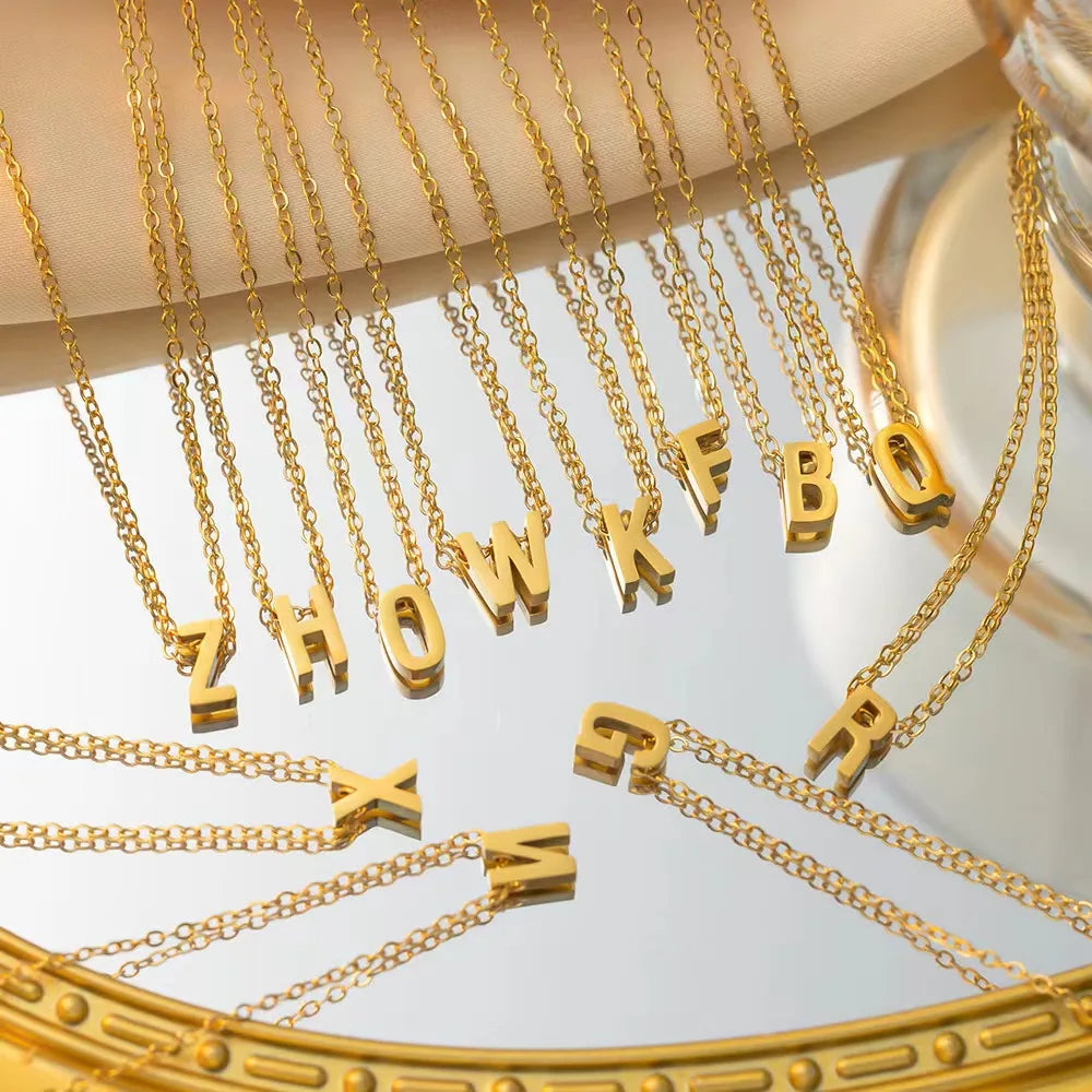 Fashion Non Tarnish Silver 18K Real Gold Plated Tiny A-Z Alphabet Letter 316L Stainless Steel Initial Necklace Jewelry for Women