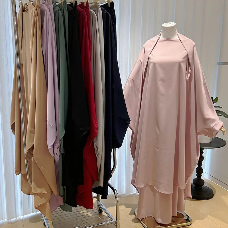 Ecowalson 2 Pcs Sets Ethnic Clothing Ramadan Eid Muslim Women Hijab Full Cover Robe Islam Arab Prayer Garment Femme Hooded Yuxi