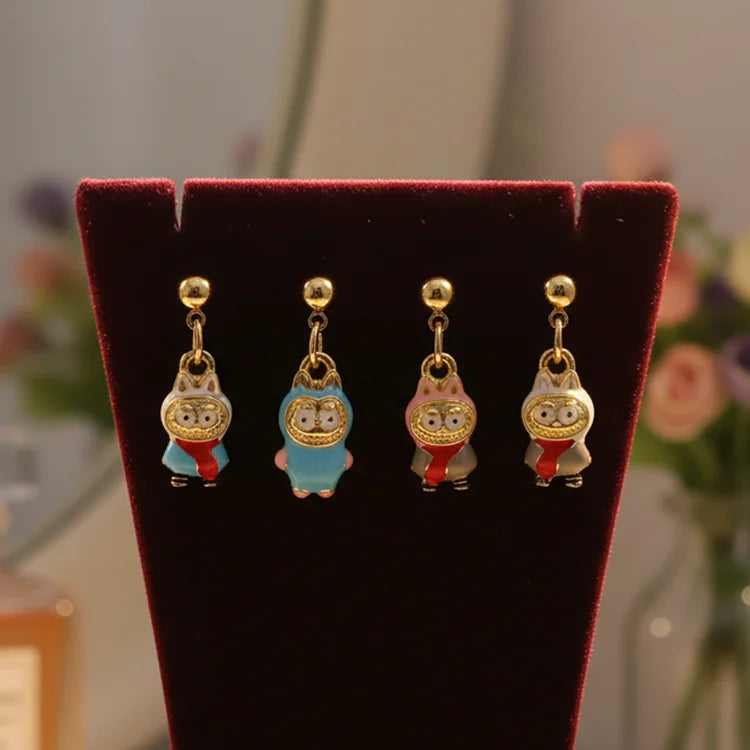 EM1462 New Cute 18k Gold Plated Multi Colored Enamel Labubu Dangle Charm Stud Earrings
