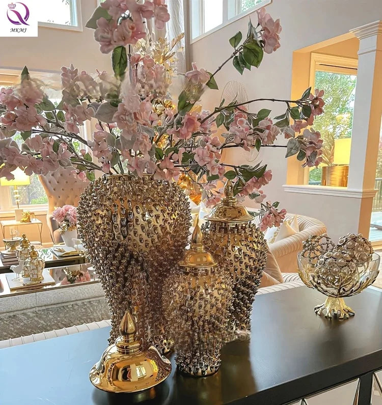 Light Luxury Plating Golden Ceramic General Bottle Living Room Dining Table Model Room Flower Arrangement Ornaments Porch Home