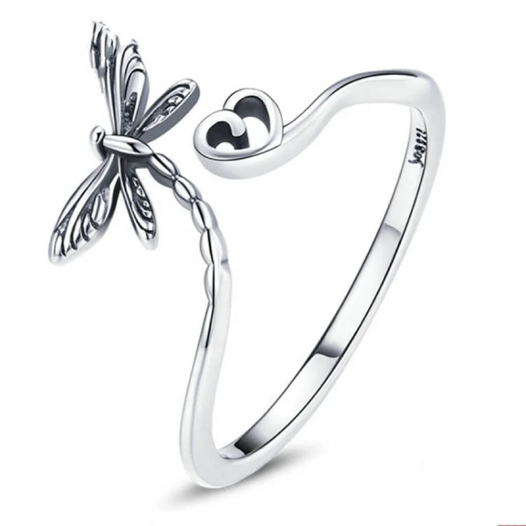Fashion Jewelry Open Adjustable Finger Ring Cute Retro Dragonfly Animal Stackable S925 Sterling Silver Rings for Women Girls