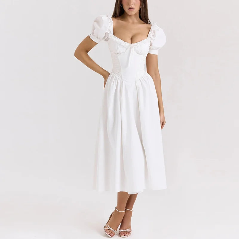 Custom Short Sleeve Square Neck Tight Waist Split Hem Dress A-Line Maxi Dress