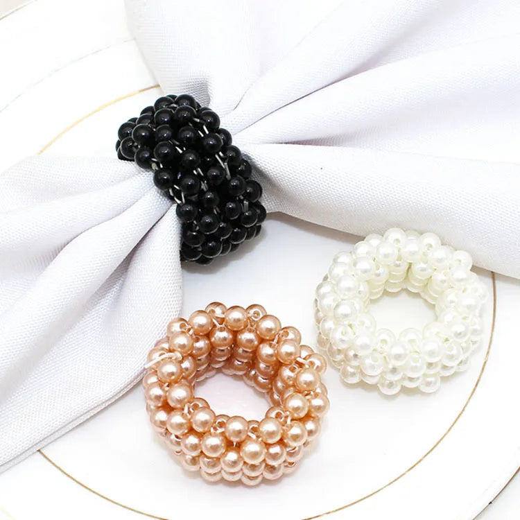 Ychon Plastic Wedding Napkin Rings with Beaded Elastic Pearl Design for Table Decoration
