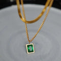 Classic Titanium Steel Double Layer Green Square Necklace Geometric Zircon Clavicle Necklace Women 18k Gold Plated Necklace