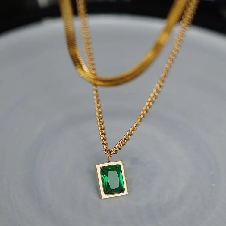 Classic Titanium Steel Double Layer Green Square Necklace Geometric Zircon Clavicle Necklace Women 18k Gold Plated Necklace