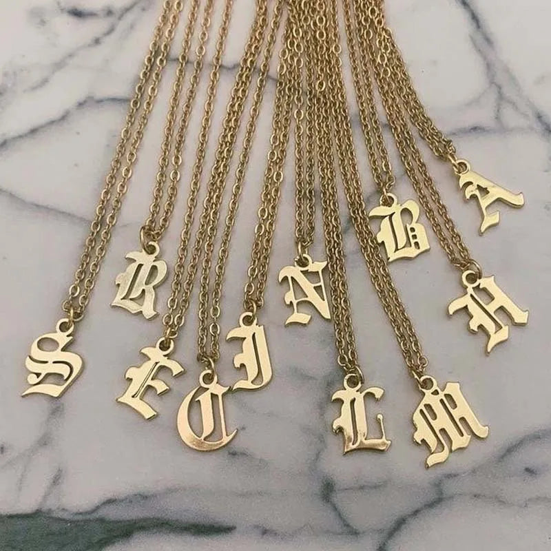 Personalized Pendant Old English Alphabet Necklace Stainless Steel Initial A-Z Letter Necklace for Women