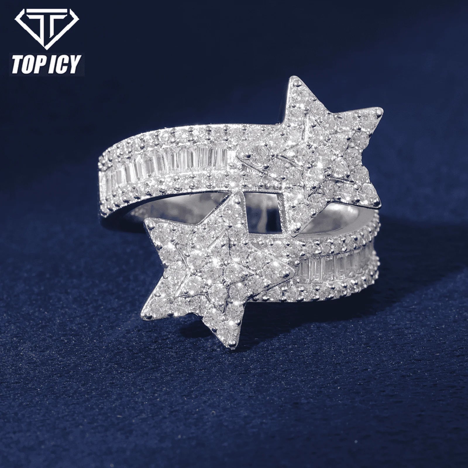 New Design 925 Sterling Silver VVS D Moissanite Baguette Double Layer Star Ring Luxury Adjustable Accessories Jewelry