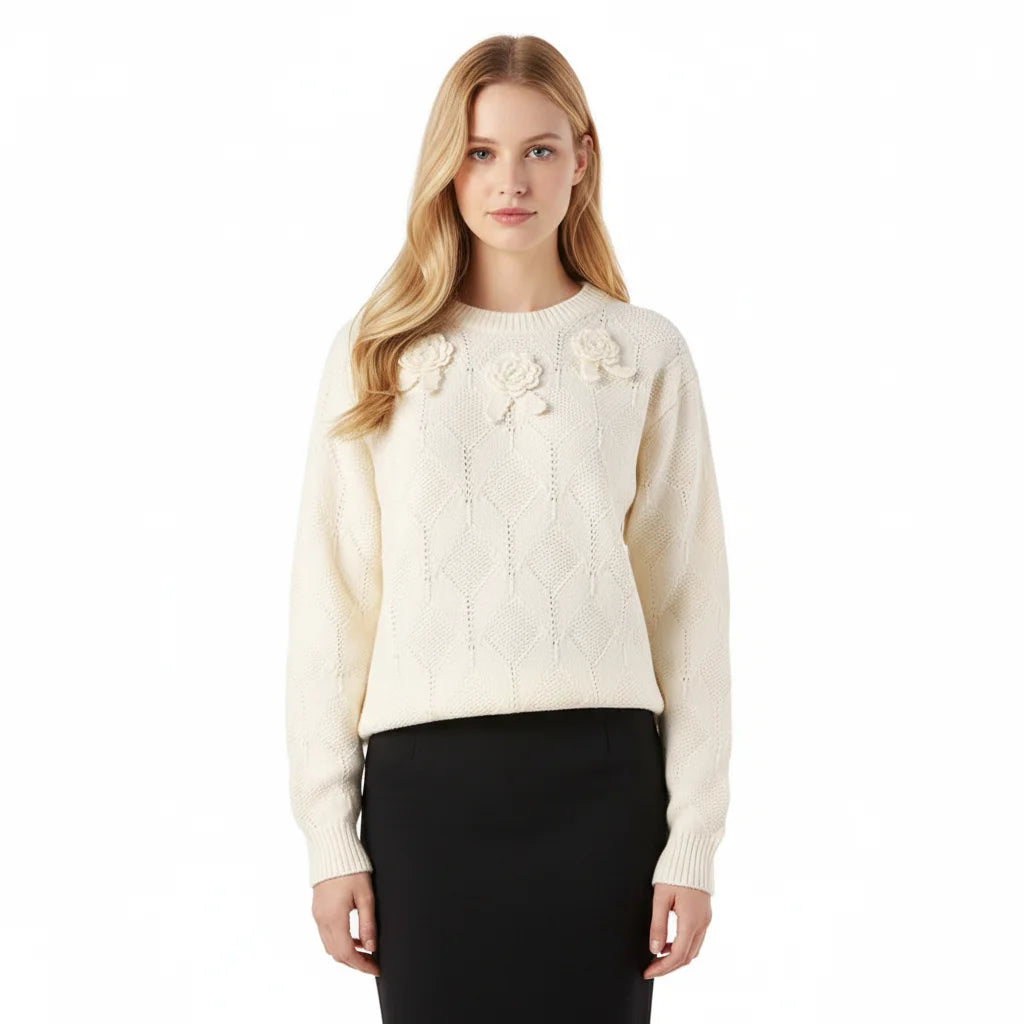 Custom Wholesale Autumn and Winter Loose and Breathable Ladies Pullover Knitted Lady Hand Hook Flower Round Collar Long Sleeve