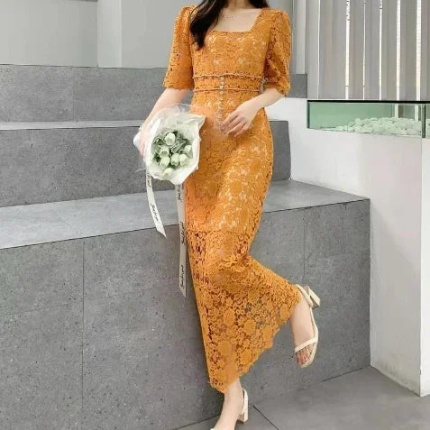 Summer Women's New French Elegant Diamond Embellished Lace Slimming Temperament Long Skirt