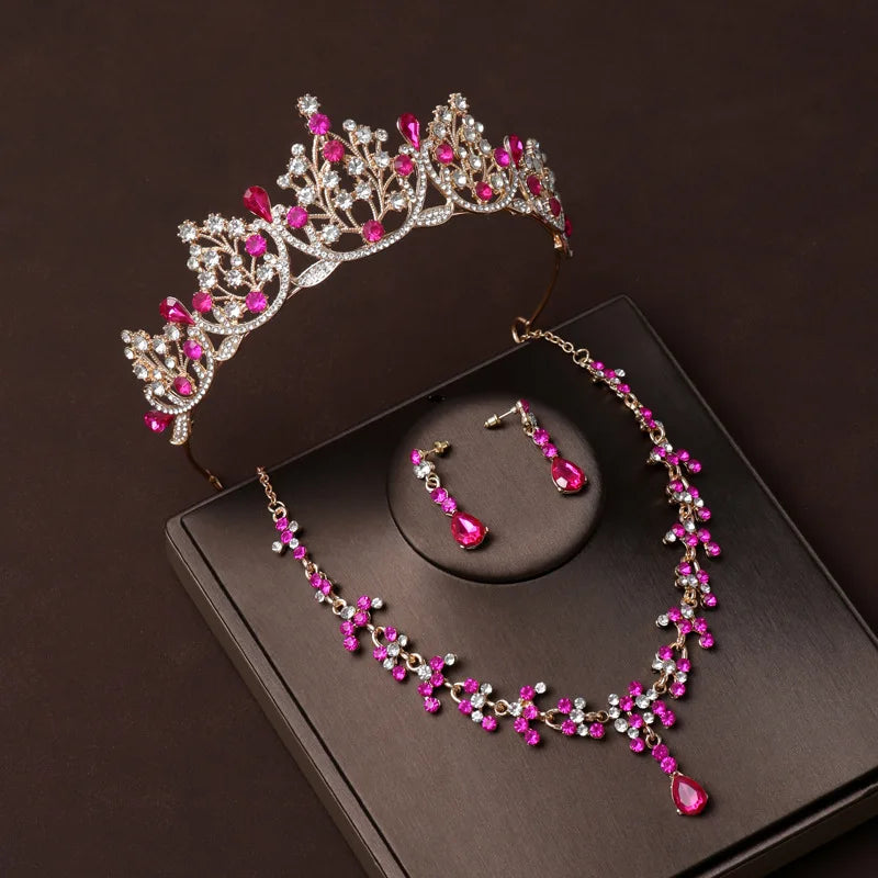 3PCS Bridal Headdress Tiaras Necklace Earrings Sets Wedding Hair Accessories