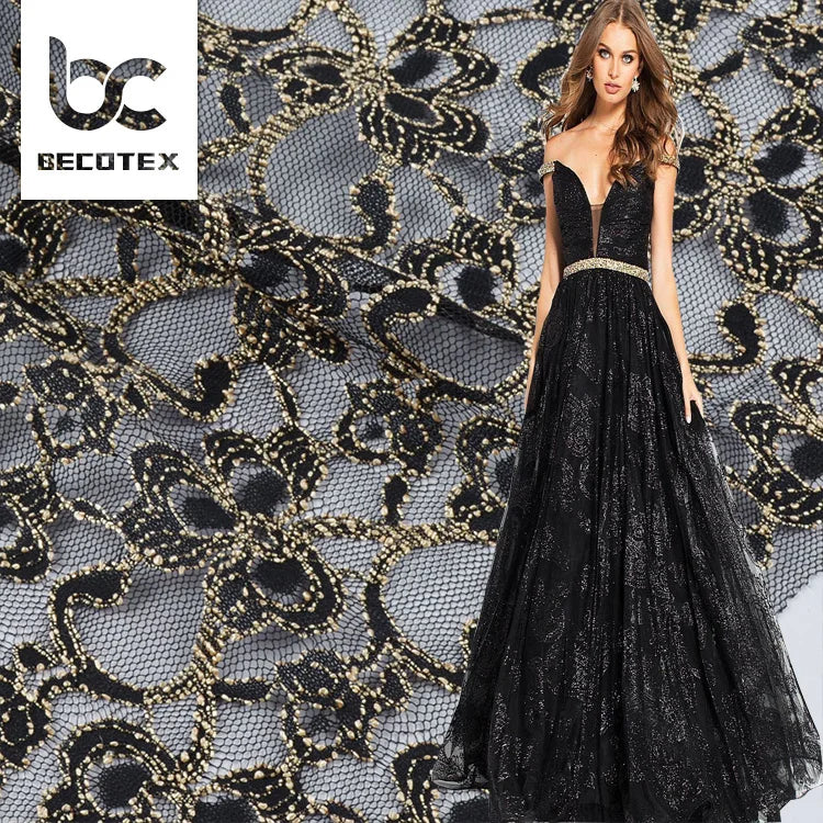 Double Gold Embroidery Lace Fabric High Quality Floral Lace Fabric