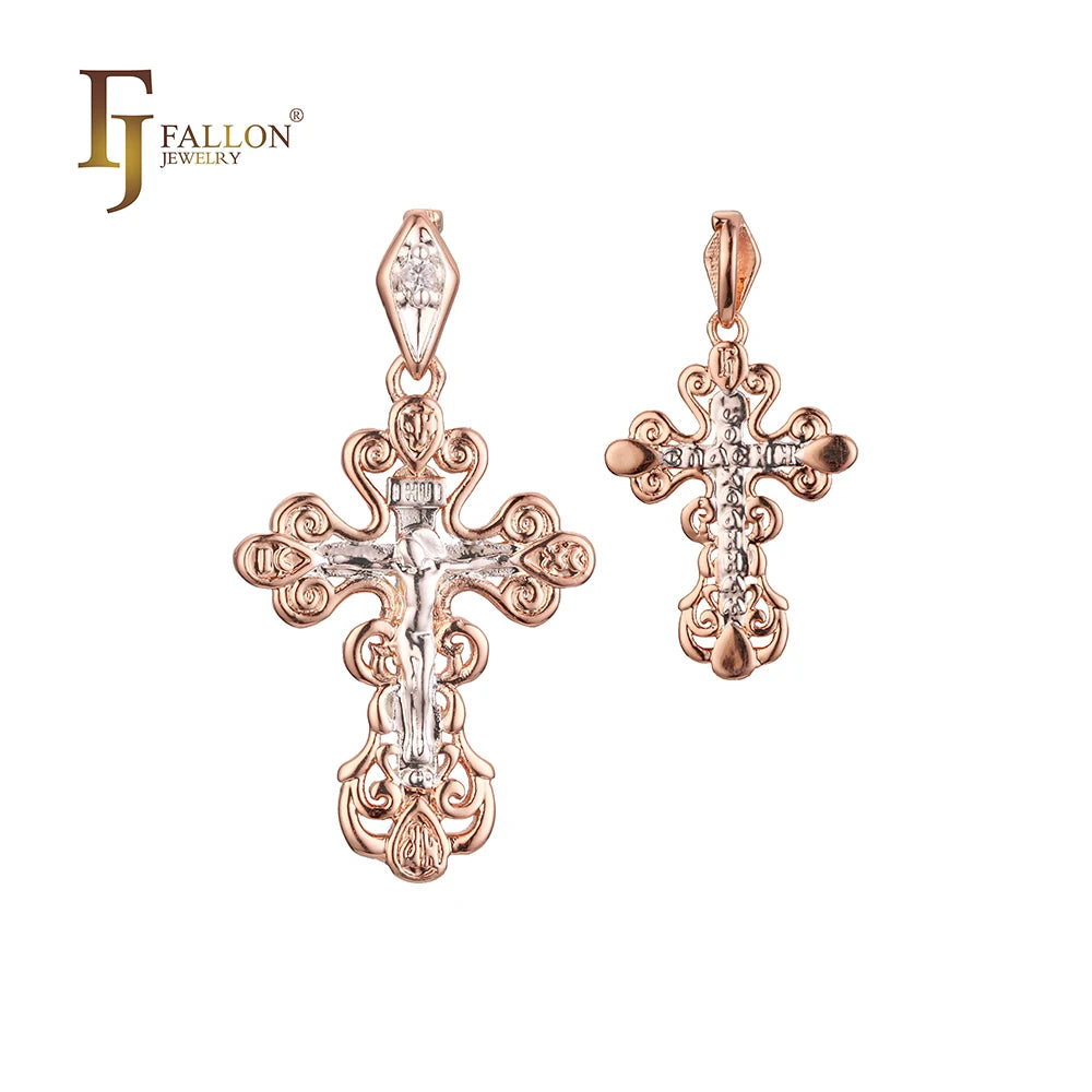 FJ Fallon Fashion Jewelry Orthodox Cross Pendant Plated in Rose Gold Two Tone Brass Based