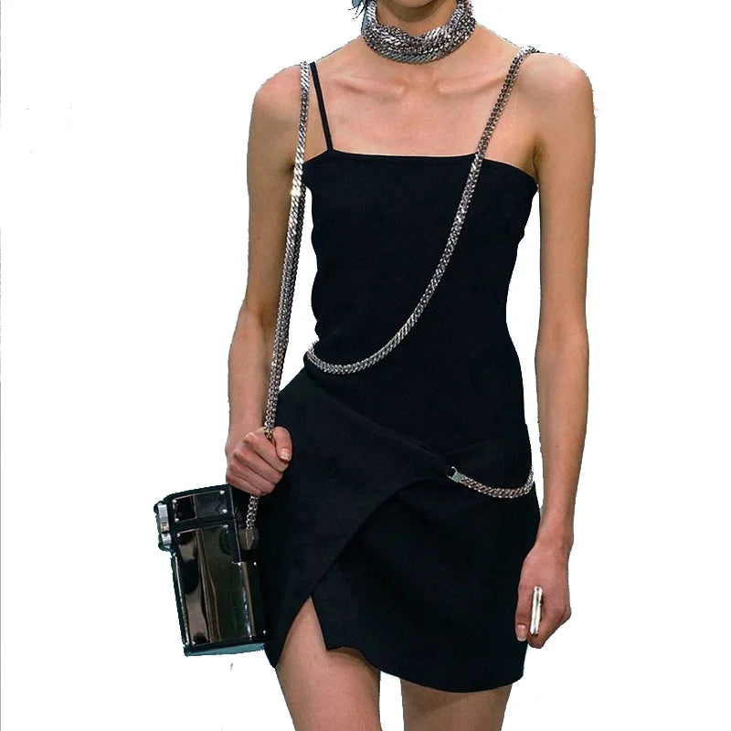 Dress Manufacturer Custom Breathable Polyester Spandex Sundress Women's Black Sleeveless Chain Waist Mini Skirts