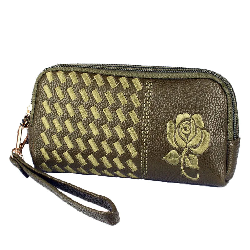 Women's Multifunctional Large Capacity PU Leather Mid Length Embroidered Lotus Retro Phone Bag Wallet Clutch