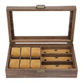 PU Leather Antique Brown 6 Watch 3 Glasses Slots Eyewear Storage Display Box with Glass Lid