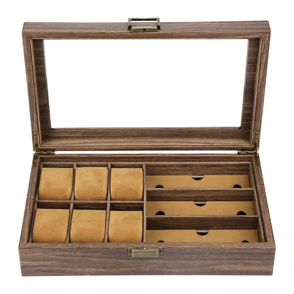 PU Leather Antique Brown 6 Watch 3 Glasses Slots Eyewear Storage Display Box with Glass Lid