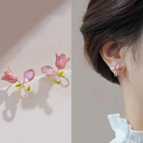 Hypoallergenic Needle Light Luxury Zircon Tulip Flower Earring for Women Exquisite Bow Stud Earrings Crystal Heart Shape Earring
