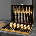 24 PCS Knife Fork Spoon Sets Gold Wooden Case Package Stainless Steel Cutlery for 6 Persons Wedding Metal 24 Pieces Stainless