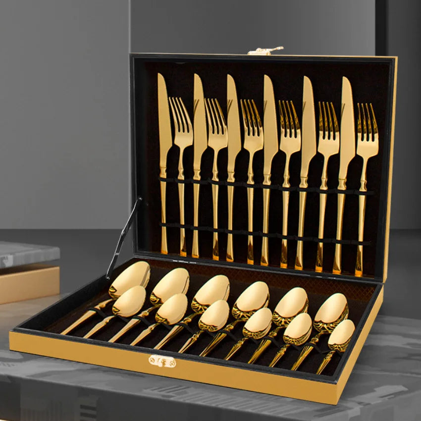 24 PCS Knife Fork Spoon Sets Gold Wooden Case Package Stainless Steel Cutlery for 6 Persons Wedding Metal 24 Pieces Stainless