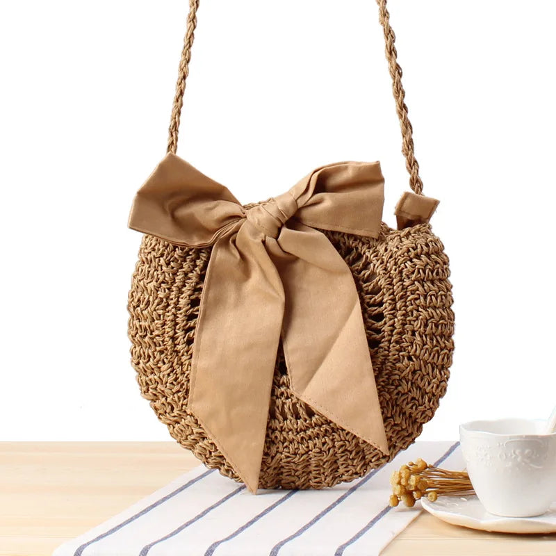 New Arrival Cute Bow Crossbody Woven Round Straw Bag Ladies Beach Tote Bags 2025 Handbags for Women