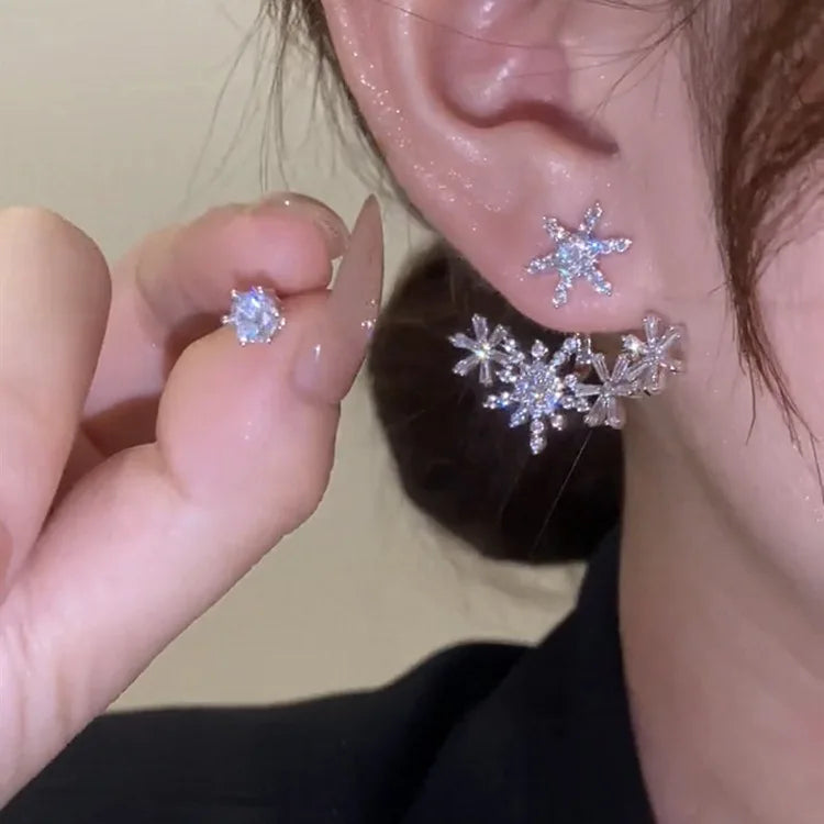 S925 Silver Needle Micro-set Zircon Asymmetric Snowflake Earrings Front And Back Two Wear Studs Earring for Women