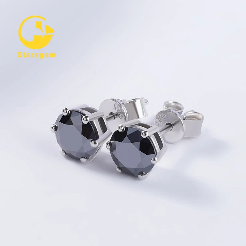 Fine Jewelry 1ct 6.5mm Black Color Mossanite Earrings Round  Mosan Earrings Men S925 Silver Moissanite Stud Earrings