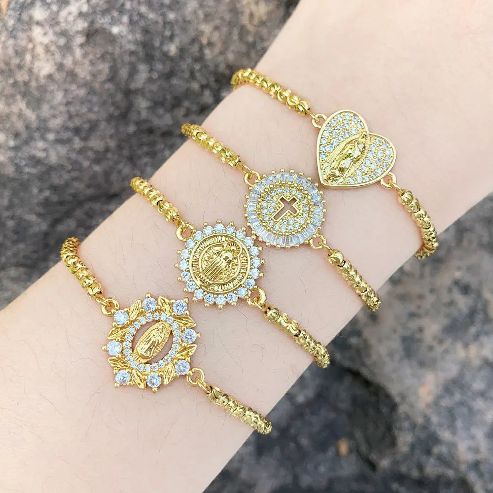 European American Fashion Charm Bracelet Copper Inlaid Zircon Cross with Adjustable Madonna Maria Gold-Plating